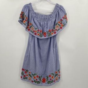 MISS ME Off Shoulder Floral Embroidered Dress Striped Blue and White Size L